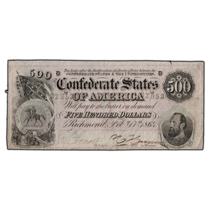 SOLD United States 1864 $500 Confederate States of America Note