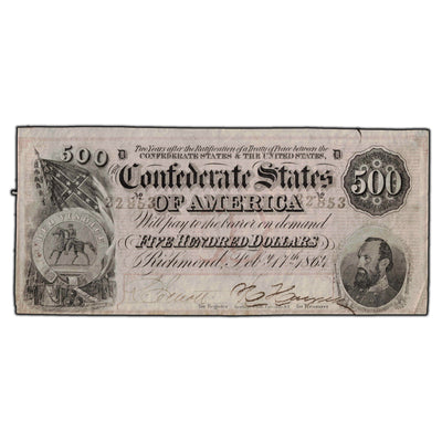 SOLD United States 1864 $500 Confederate States of America Note