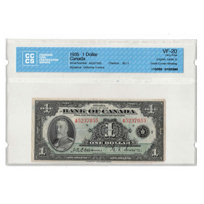 SOLD $1 1935 Bank of Canada Note English Text BC-1 - CCCS VF-20