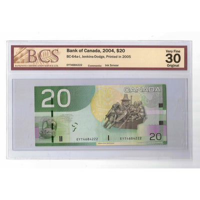 SOLD $20 2004 Bank of Canada Note EYT Prefix - BCS VF-30 Ink Smear Error
