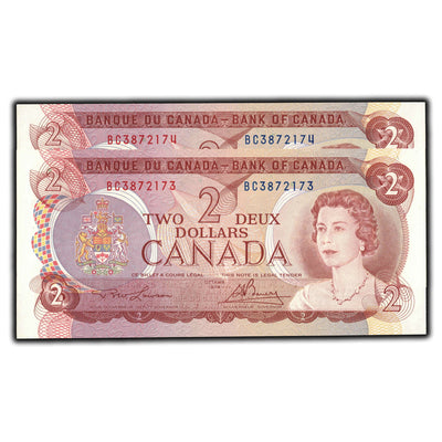 SOLD $2 1974 Bank of Canada Notes BC Prefix BC-47a - 2 Consecutive