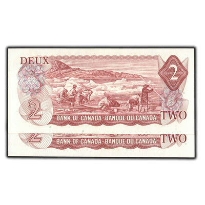 SOLD $2 1974 Bank of Canada Notes BC Prefix BC-47a - 2 Consecutive
