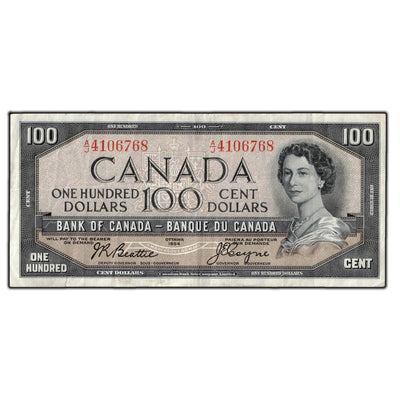SOLD $100 1954 Bank Of Canada Note Beattie-Coyne A/J Prefix BC-43a