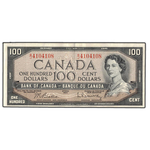 SOLD $100 1954 Bank of Canada Note Beattie-Rasminsky B/J Prefix BC-43b