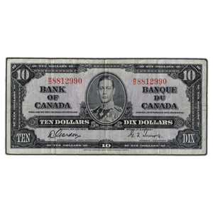 SOLD $10 1937 Bank of Canada Notes Gordon-Towers W/D Prefix BC-24b
