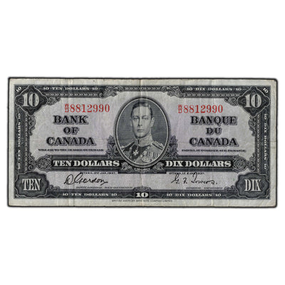 SOLD $10 1937 Bank of Canada Notes Gordon-Towers W/D Prefix BC-24b