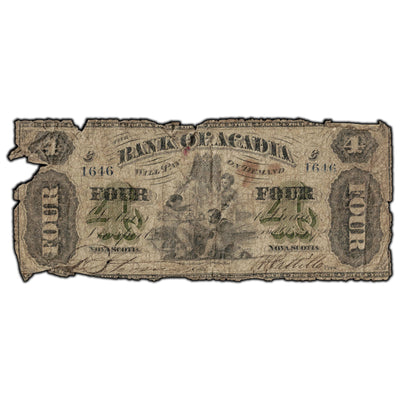 SOLD $4 1872 Bank of Acadia Nova Scotia Canada Chartered Note Ch #5-10-02 - Filler