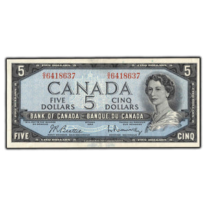 SOLD $5 1954 Bank of Canada Note Beattie-Rasminsky G/X Prefix BC-39b - EF-40