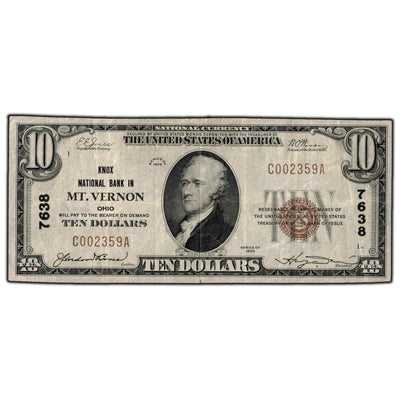 SOLD United States 1929 $10 National Note Mt. Vernon Ohio #7638 Note