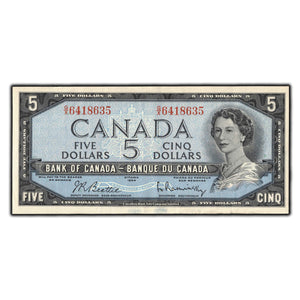SOLD $5 1954 Bank of Canada Note Beattie-Rasminsky G/X Prefix BC-39b - About EF