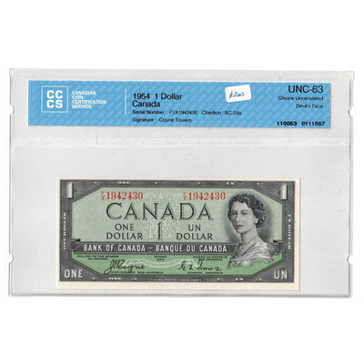 SOLD $1 1954 Bank of Canada Note Devil Face F/A Prefix BC-29a - CCCS UNC-63