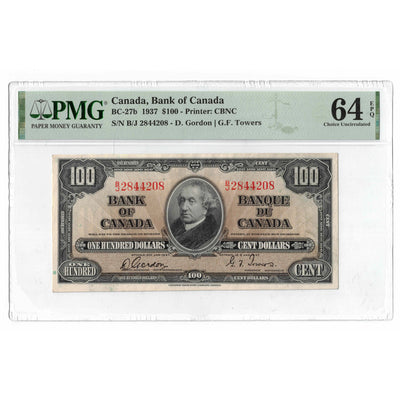 SOLD $100 1937 Bank of Canada Note Gordon-Towers B/J Prefix BC-27b - PMG UNC-64 EPQ