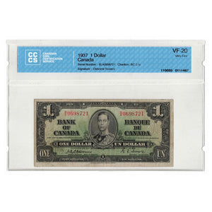 SOLD 1937 $1 Bank Of Canada Note Osborne-Towers B/A Prefix BC-21a -  CCCS VF-20