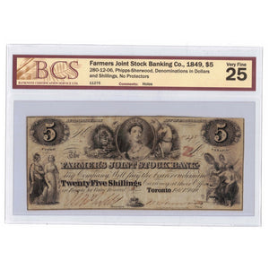 SOLD $5 1849 Canada Farmers Joint Stock Bank Note - BCS VF-25