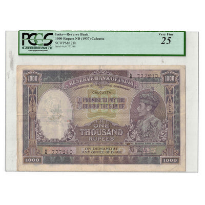 SOLD India 1937 1000 Rupee Banknote SCWPM # 21b - PCGS VF 25 Comments